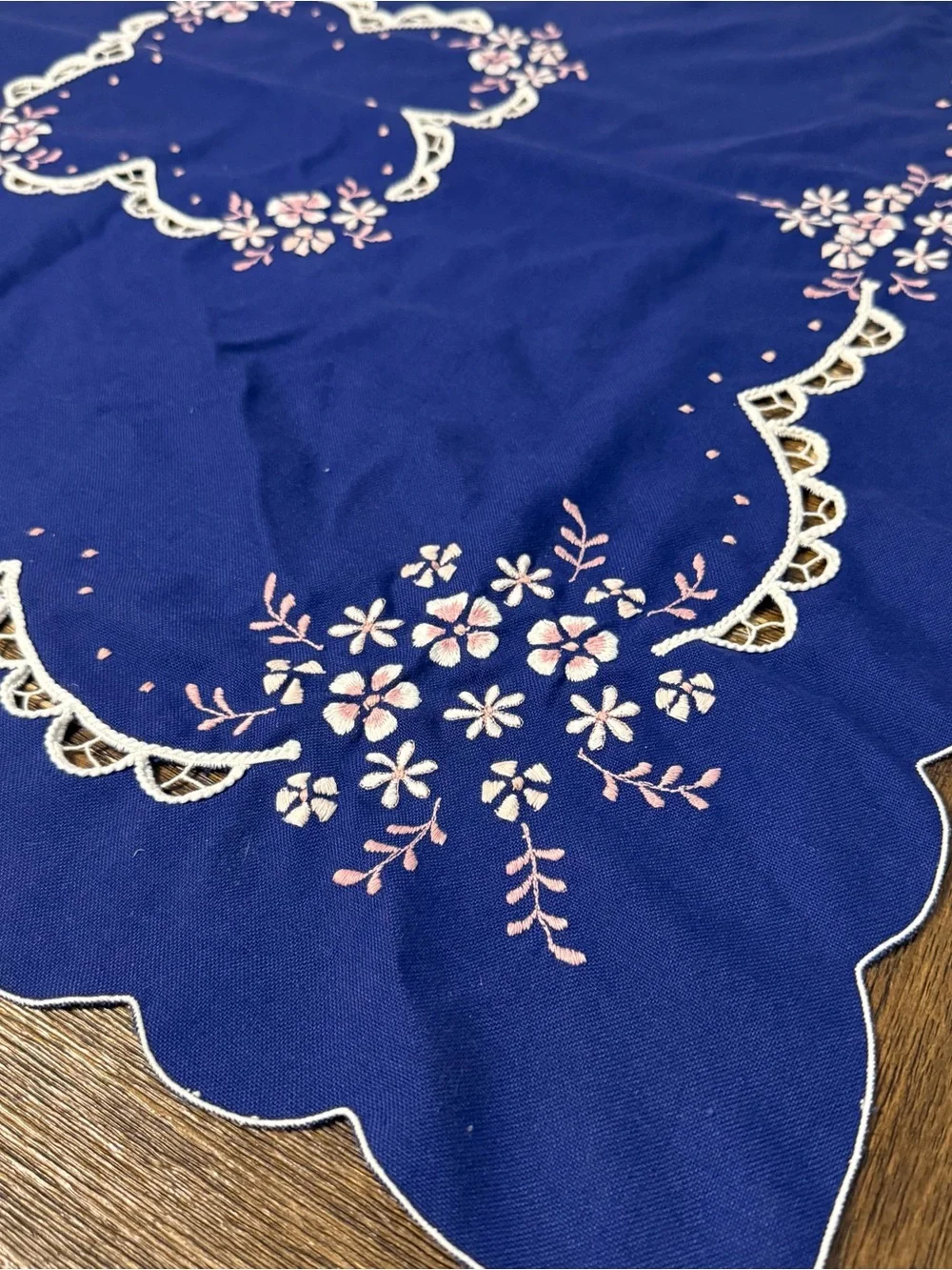 Vintage Royal Blue Tablecloth With Exquisite White Embroidery Cutwork 32.5”x32.5